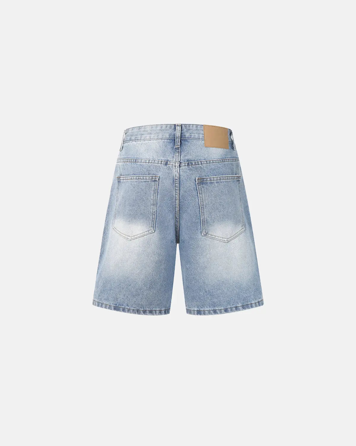 Ripped mid-length washed denim shorts by INFLATION, showcasing distressed denim fabric and casual style for streetwear fashion.