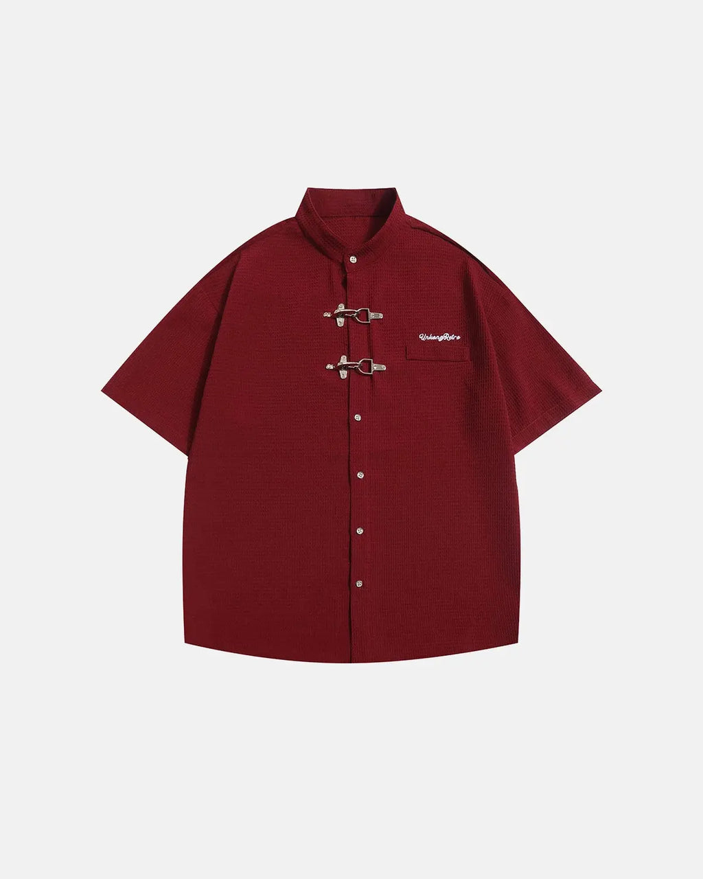 Inflation Streetwear waffle shirt featuring metal clasp detail, casual long-sleeve shirt with textured fabric and modern design.