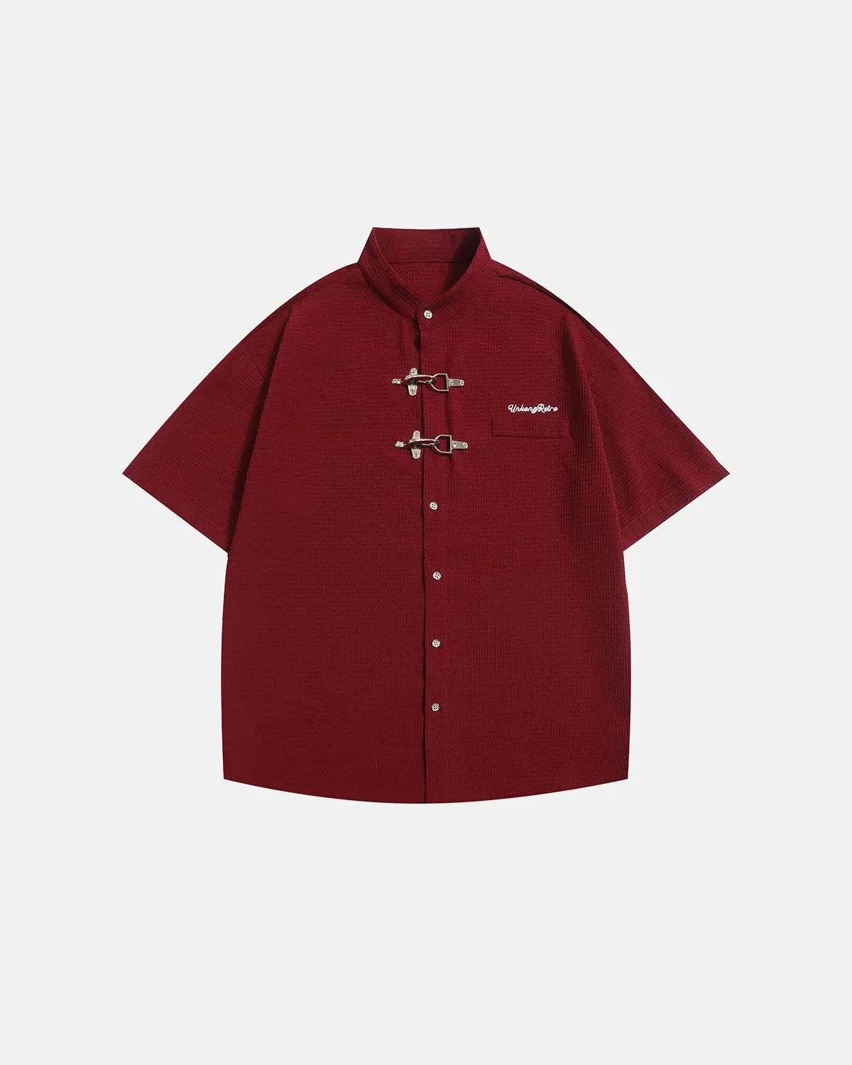 Inflation Streetwear waffle shirt featuring metal clasp detail, casual long-sleeve shirt with textured fabric and modern design.