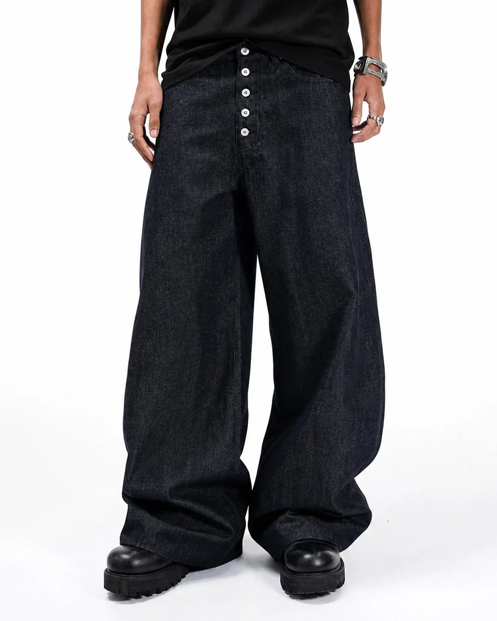 Inflation Streetwear Buttons Up Raw Baggy Jeans with relaxed fit, casual style, and distressed denim details.
