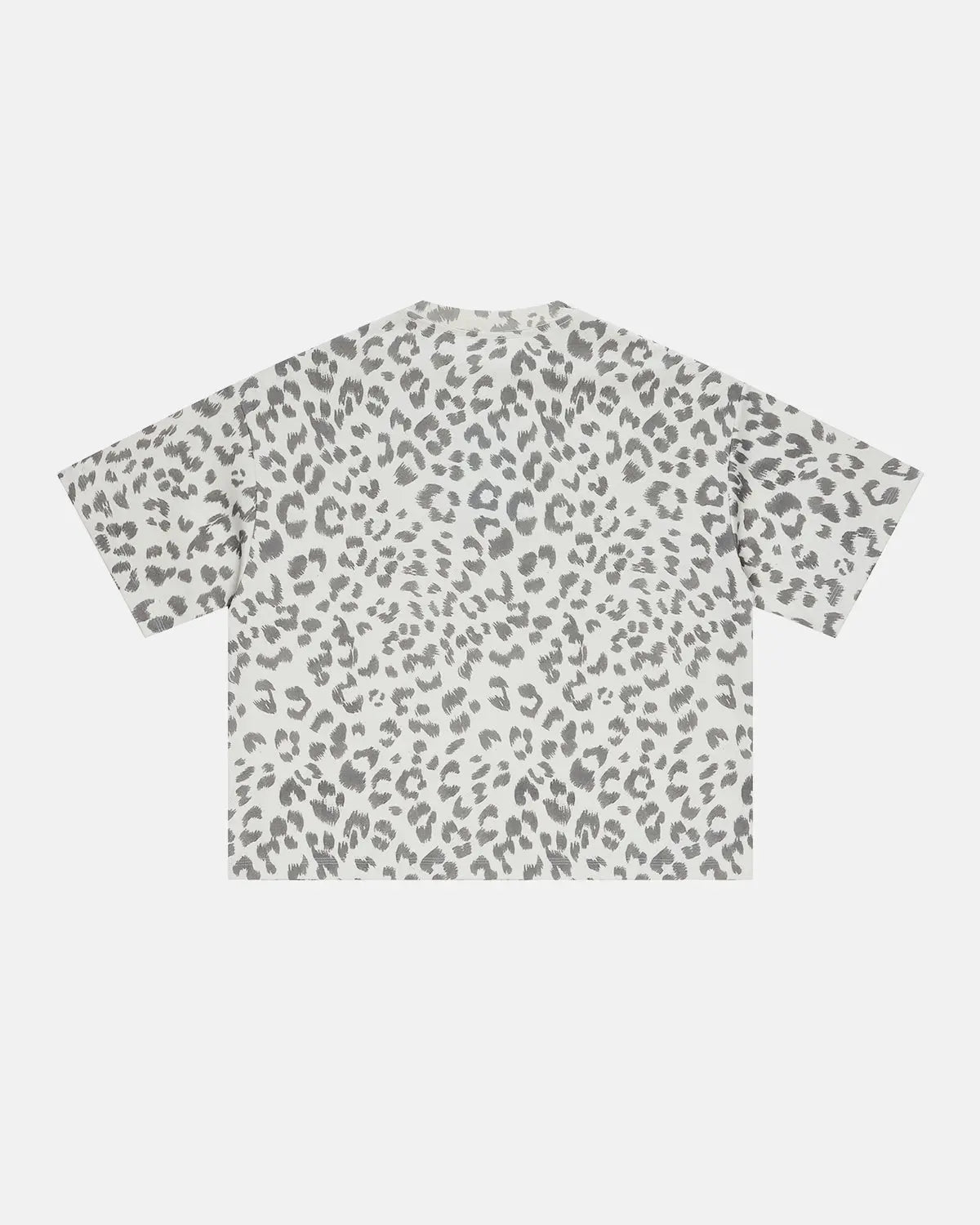 Leopard print boxy t-shirt by INFLATION, featuring a casual fit and bold animal pattern, displayed on a plain background.