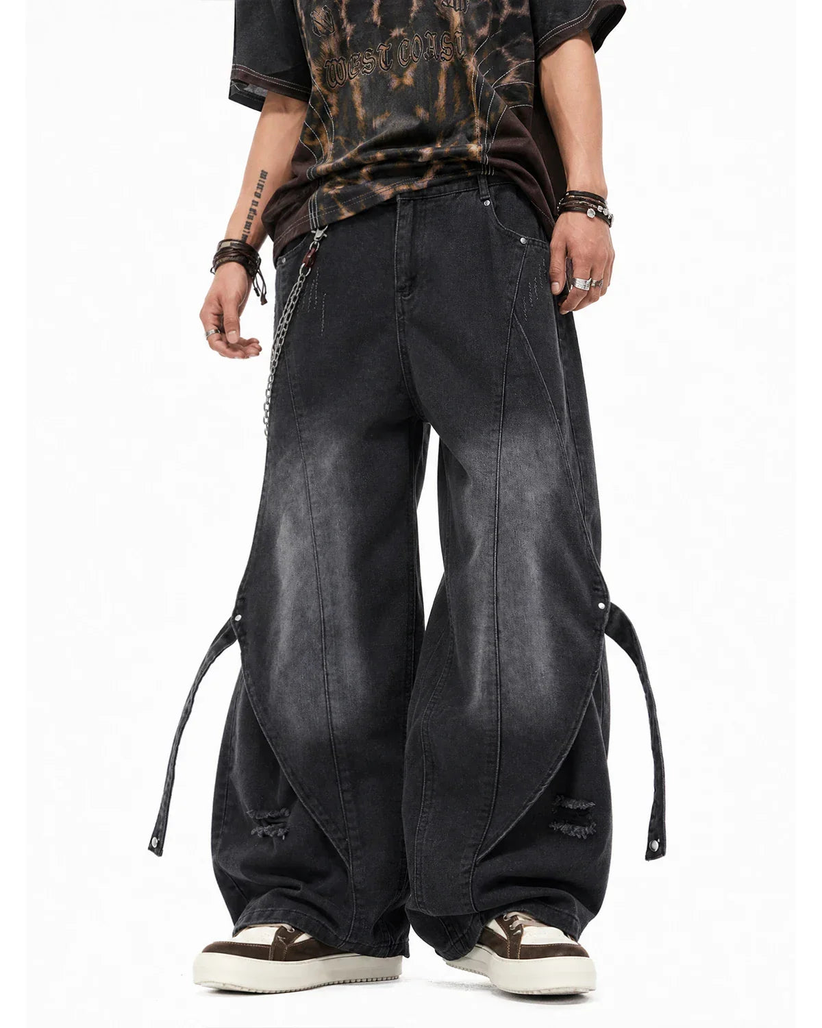 Light-washed adjustable strap straight-leg jeans by Inflation Streetwear, featuring a relaxed fit and classic denim style.