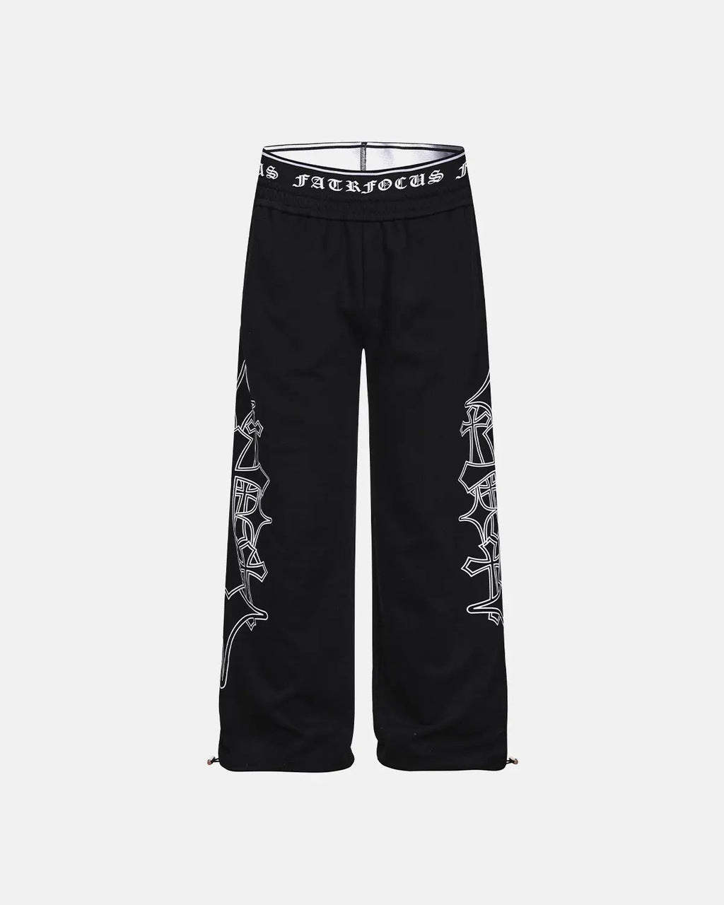 Black Gothic layered baggy sweatpants by INFLATION with oversized fit and streetwear style, shown on a model.