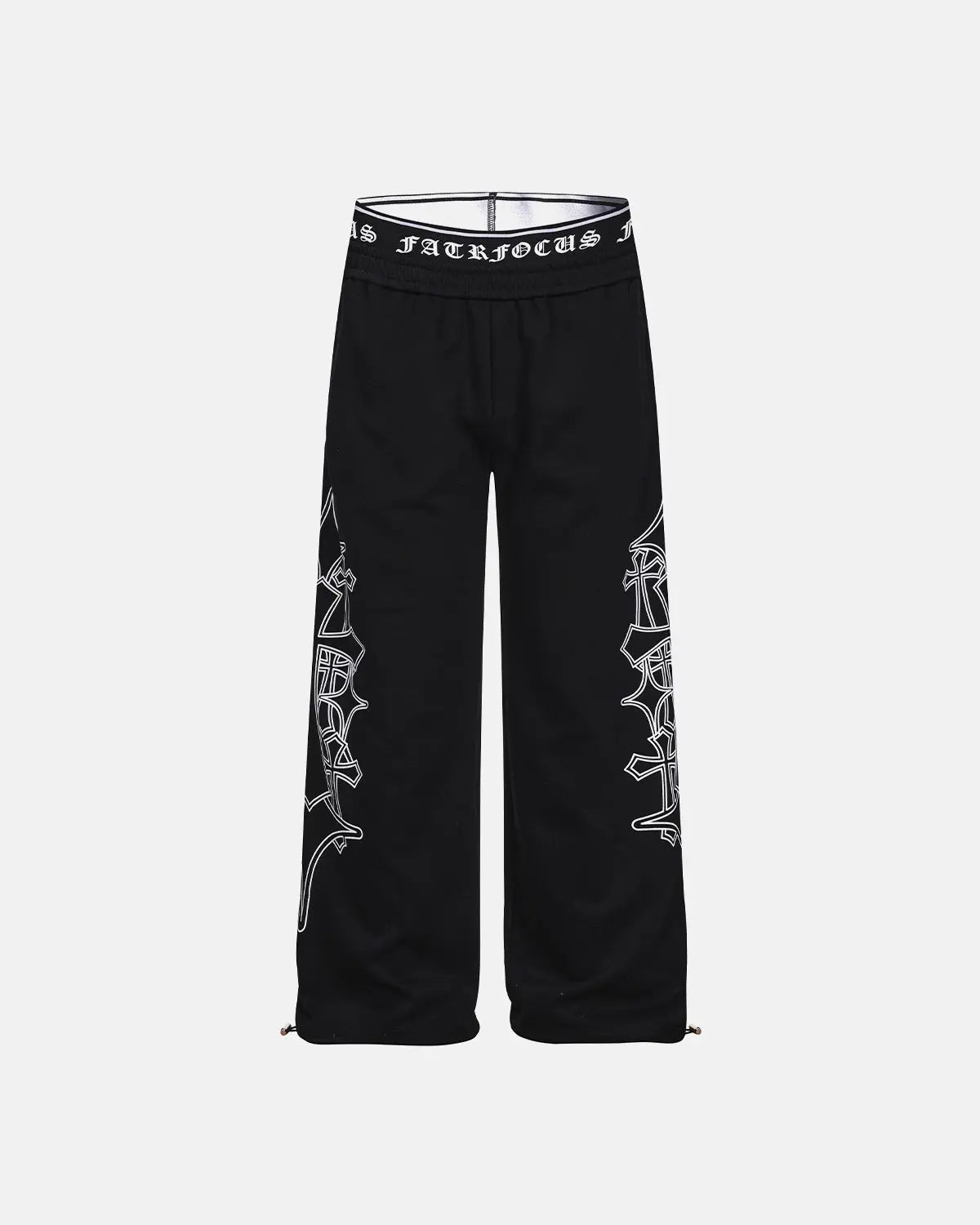Black Gothic layered baggy sweatpants by INFLATION with oversized fit and streetwear style, shown on a model.