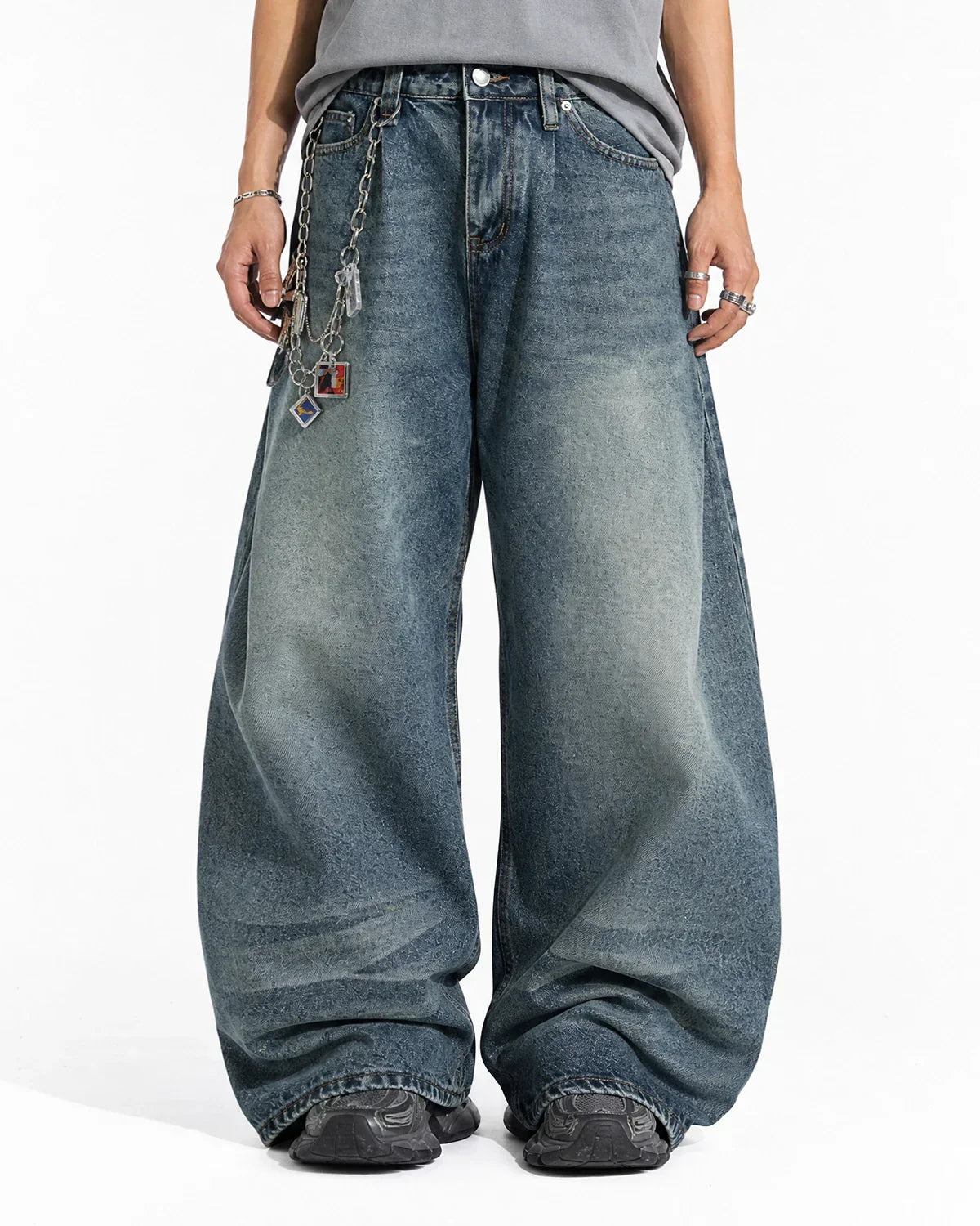 Inflation Whisker Acid Washed Barrel Jeans featuring a relaxed fit, distressed details, and stylish acid wash finish.