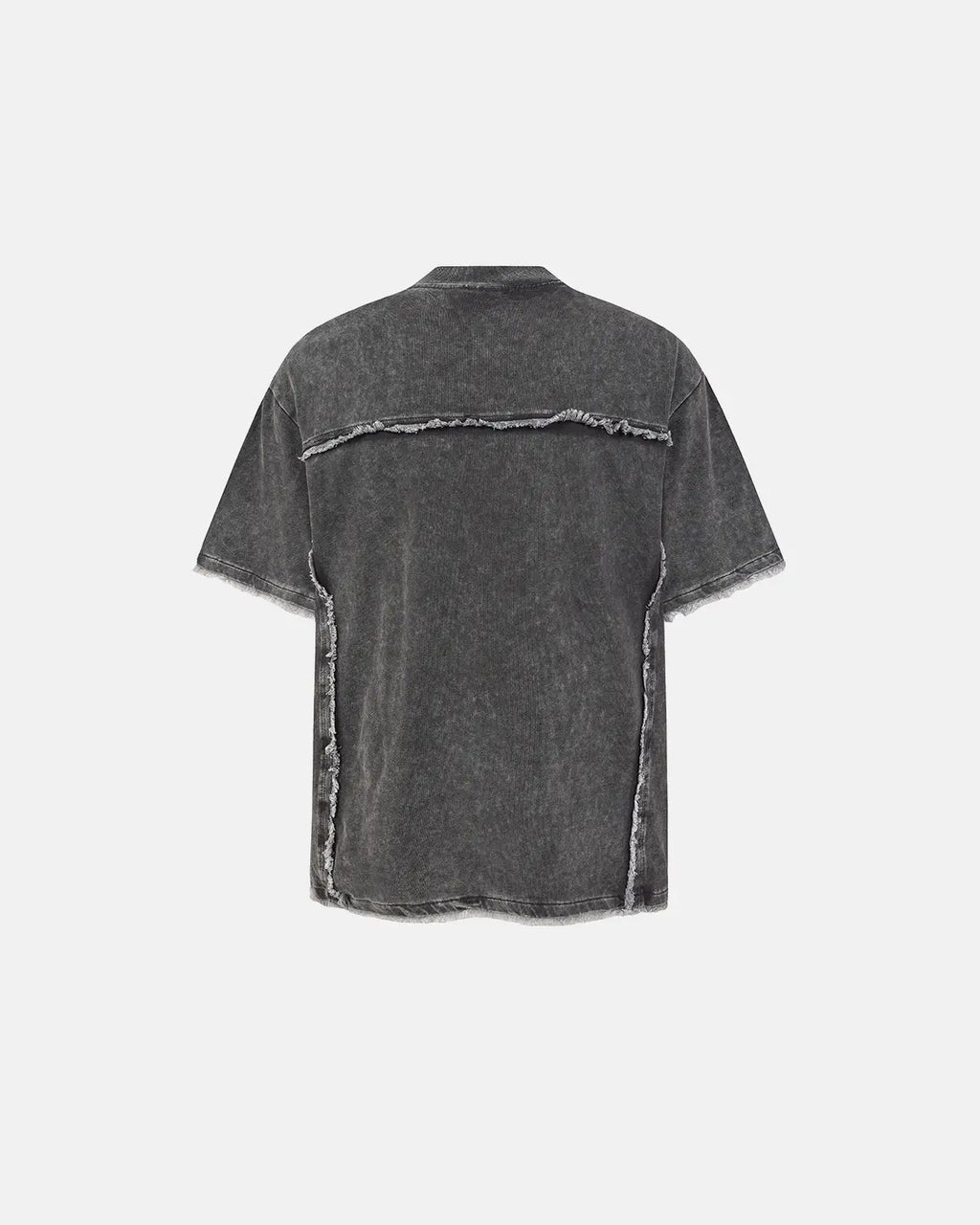Raw edge deconstructed T-shirt by INFLATION Streetwear featuring distressed fabric and casual fit, shown on a mannequin.