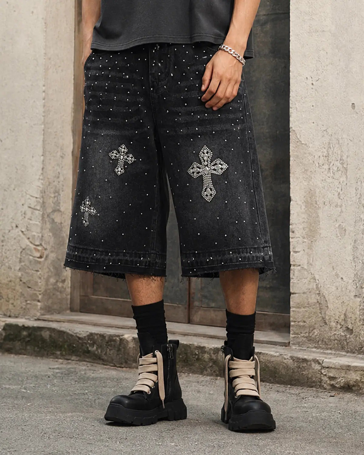 Inflation Rhinestone Straight Leg Jorts, stylish denim pants with rhinestone embellishments, designed for trendy streetwear fashion.