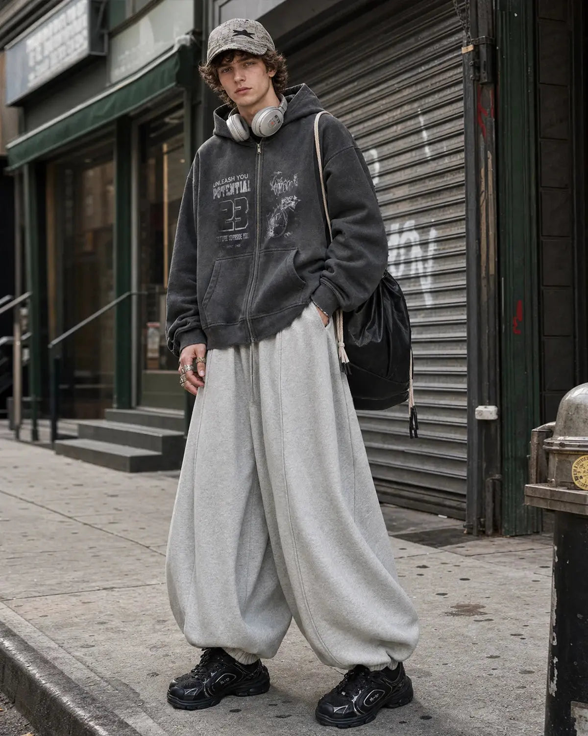 Grey baggy jogger sweatpants from INFLATION Streetwear, featuring a relaxed fit and tapered cuffs, shown on a model.