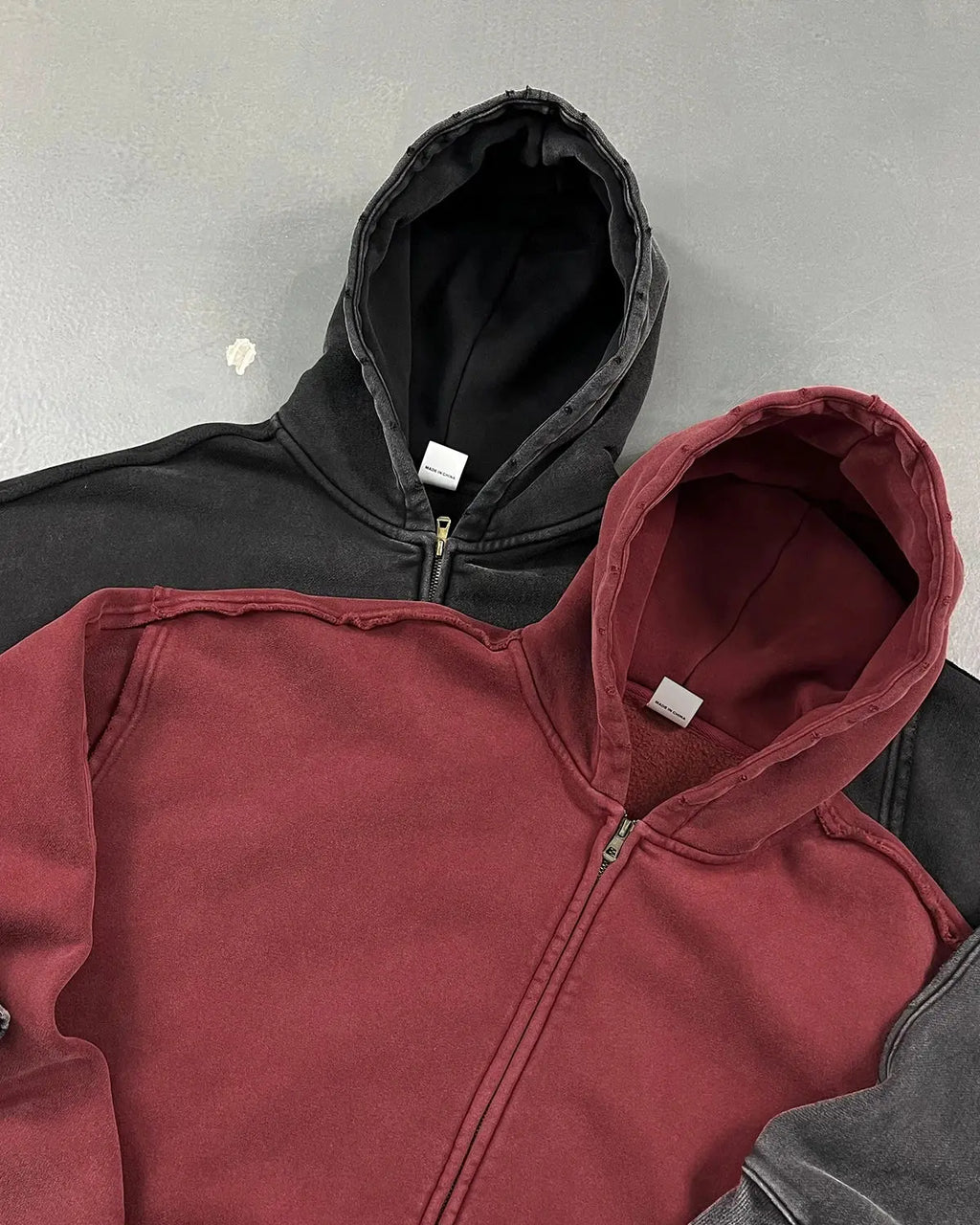 Inflation streetwear distressed acid wash double zip hoodie with front zippers and worn design, casual hoodie for street fashion.