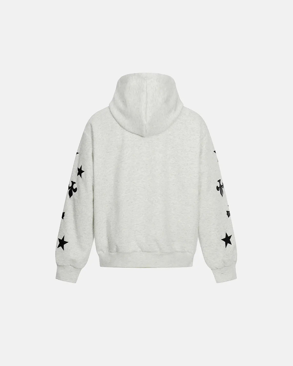 Inflation Streetwear Cross PU Patch Embroidery Zip Up Hoodie featuring bold patches and embroidered details on black fabric.