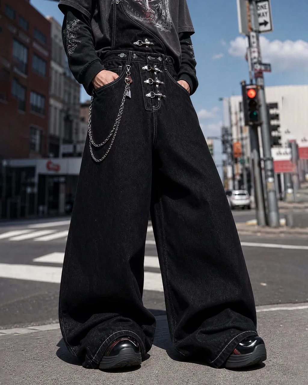 Inflation Streetwear asymmetric buckle denim overalls jeans, stylish pants with unique buckle detail and distressed finish.