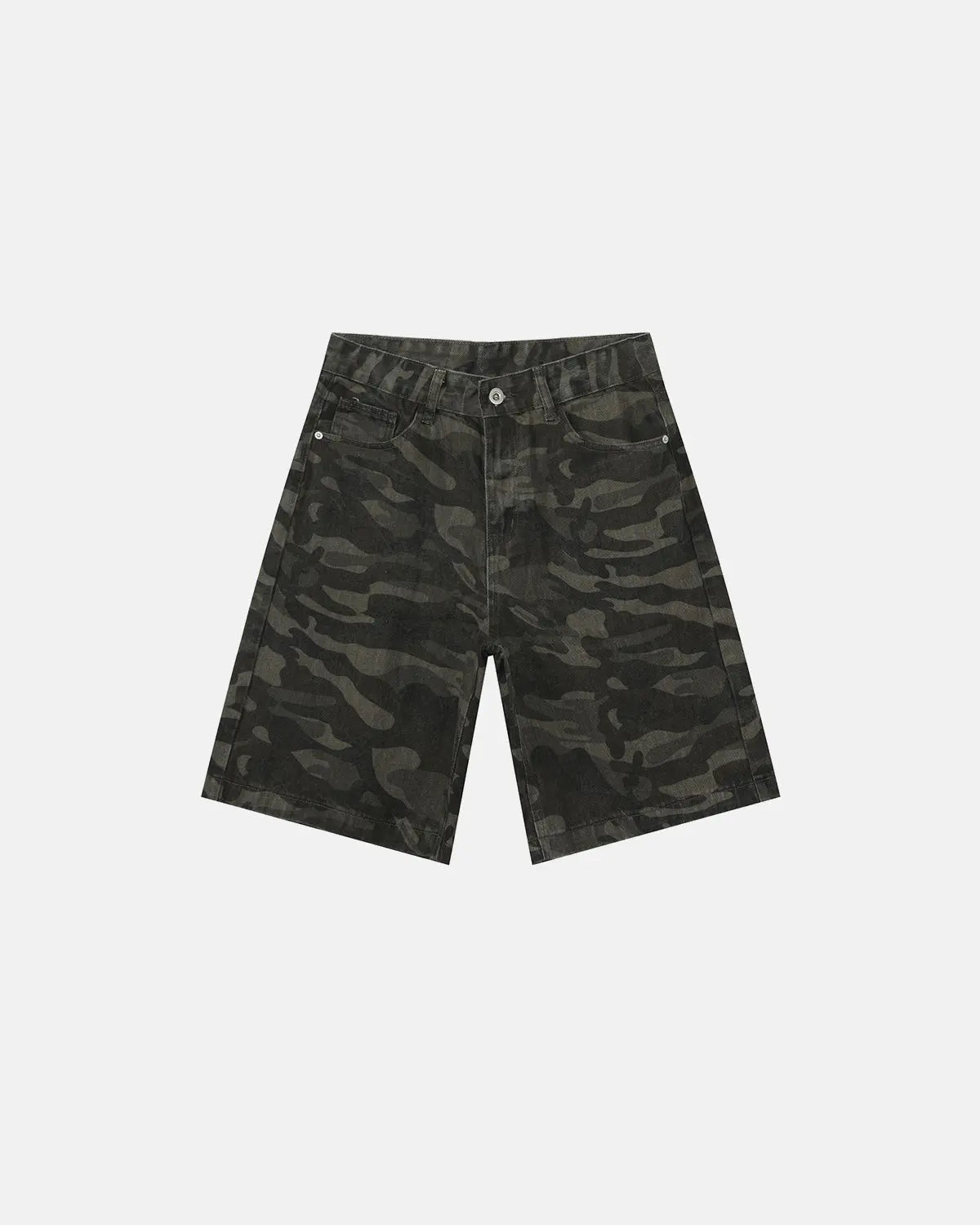 Washed knee-length denim jorts from Inflation Streetwear, casual pants with a relaxed fit and distressed denim finish.