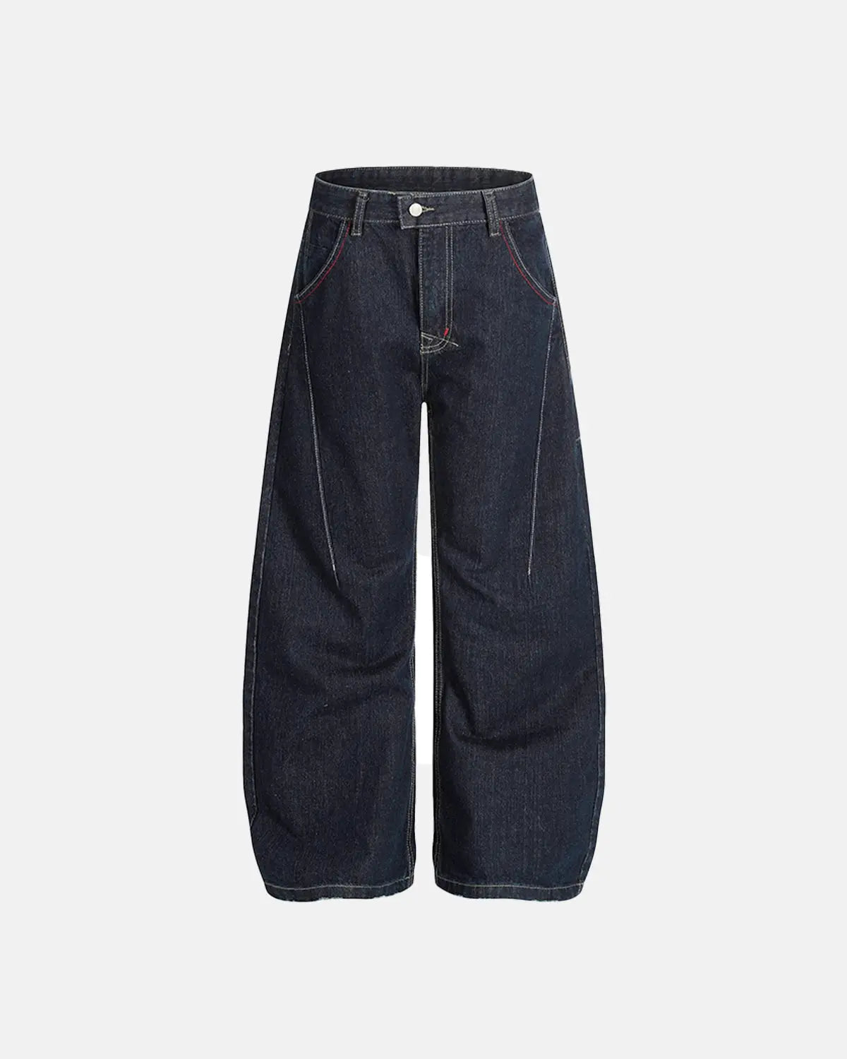 Raw blue deconstructed baggy jeans by INFLATION Streetwear with distressed details and relaxed fit, shown on a model.
