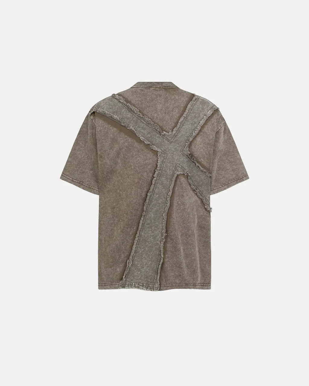 Deconstructed Cross Washed T-Shirt by INFLATION featuring a distressed, casual streetwear style with a unique layered design.