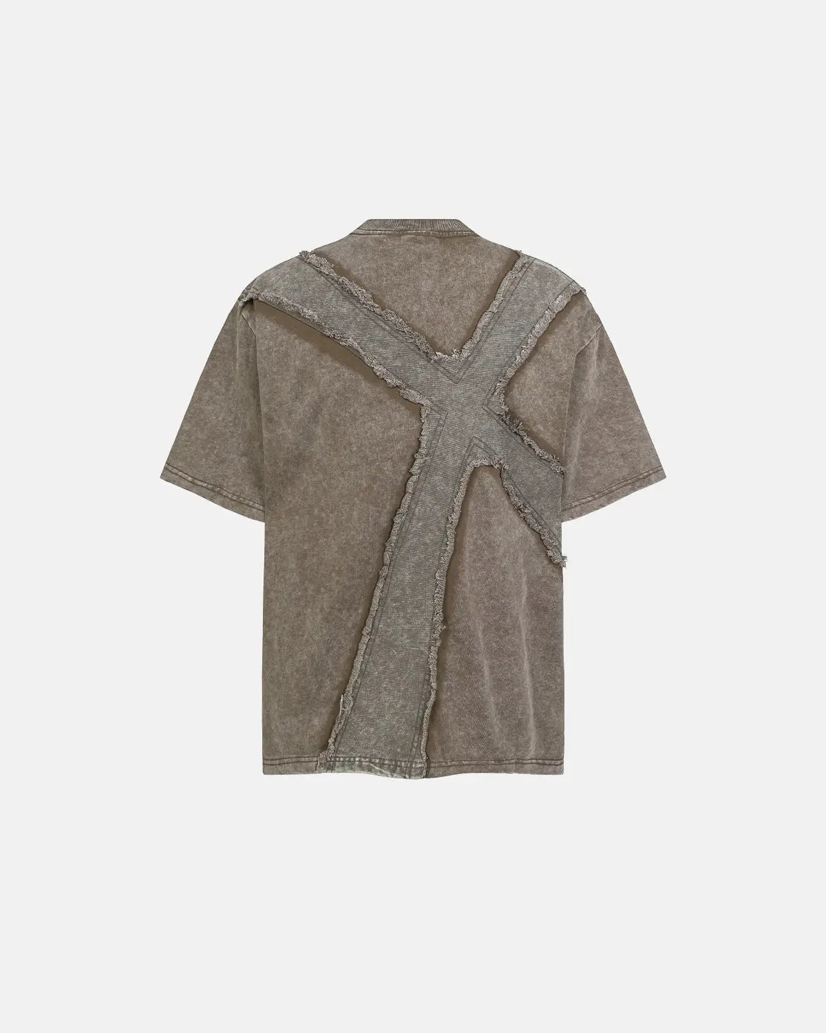 Deconstructed Cross Washed T-Shirt by INFLATION featuring a distressed, casual streetwear style with a unique layered design.