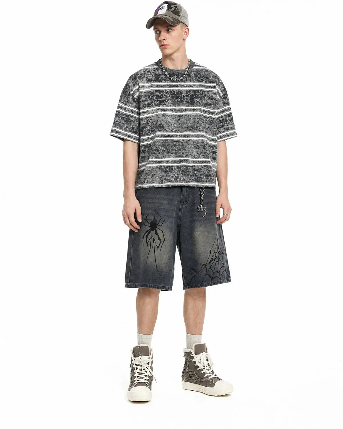 Vintage Washed Striped Boxy T-Shirt by INFLATION, featuring a relaxed fit and classic striped design, displayed on a hanger.