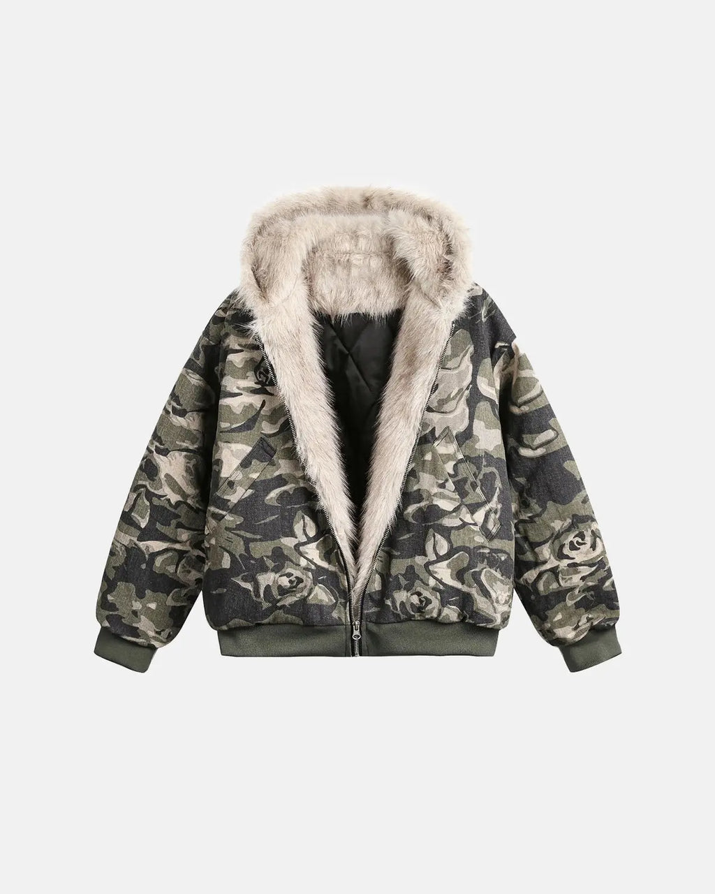 Camo faux fur padded hooded jacket by INFLATION Streetwear, featuring a hood with faux fur trim and camouflage pattern fabric.