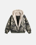 Camo faux fur padded hooded jacket by INFLATION Streetwear, featuring a hood with faux fur trim and camouflage pattern fabric.