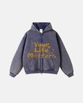 Inflation "Your Life Matters" washed zip-up hoodie in gray with hood and front pockets, streetwear style.