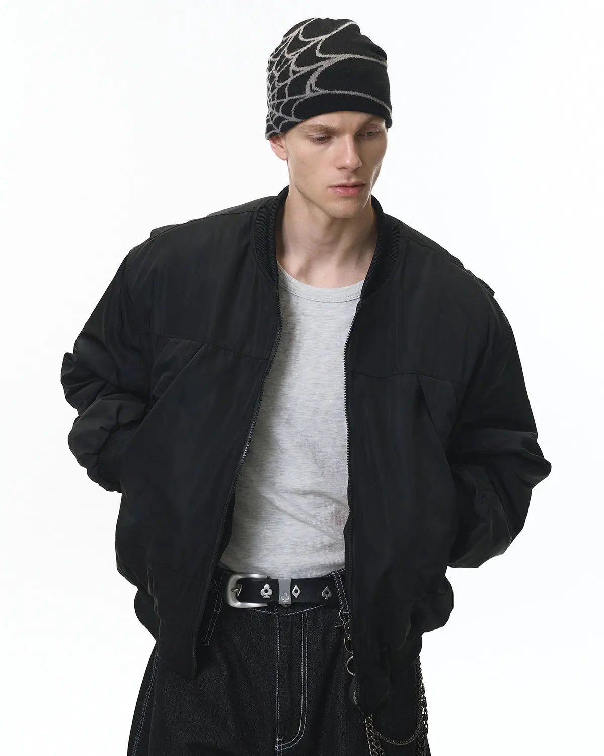 Detachable layered camo bomber jacket by INFLATION, featuring a stylish camouflage design and modern streetwear style.