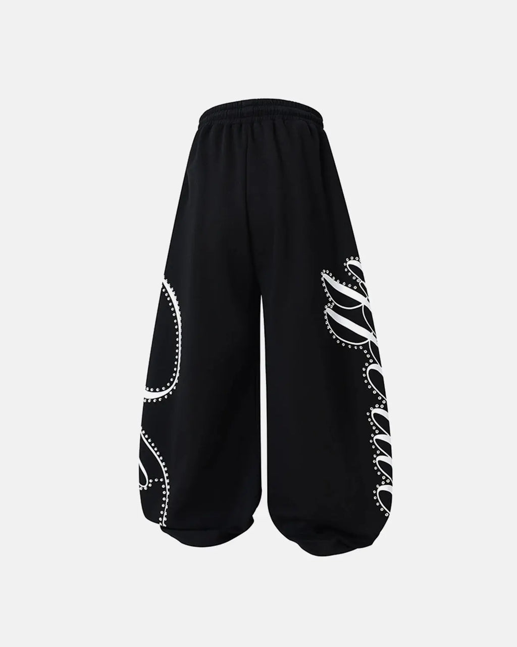 Rhinestone script baggy sweatpants by INFLATION featuring a relaxed fit and bold rhinestone lettering on soft streetwear fabric.
