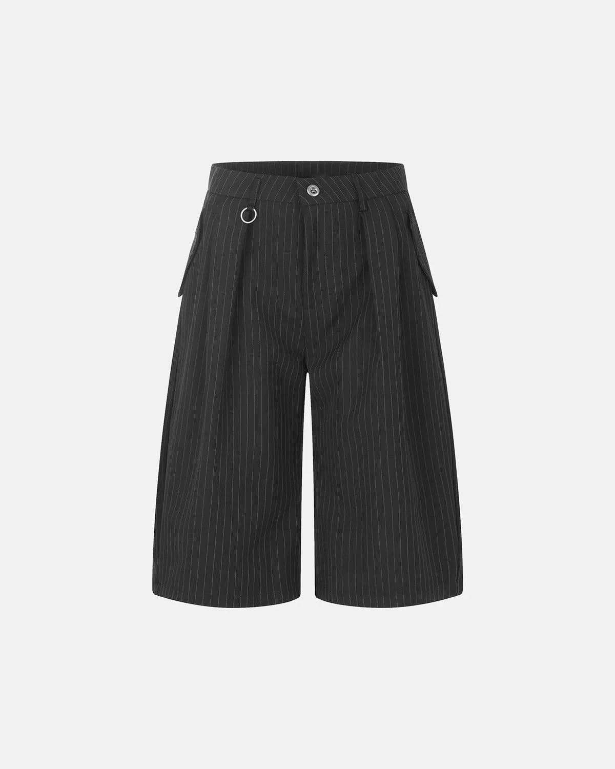 Inflation Streetwear pinstripe pleated ring detail tailored shorts, stylish pants with pleats and ring accents, fashion forward design
