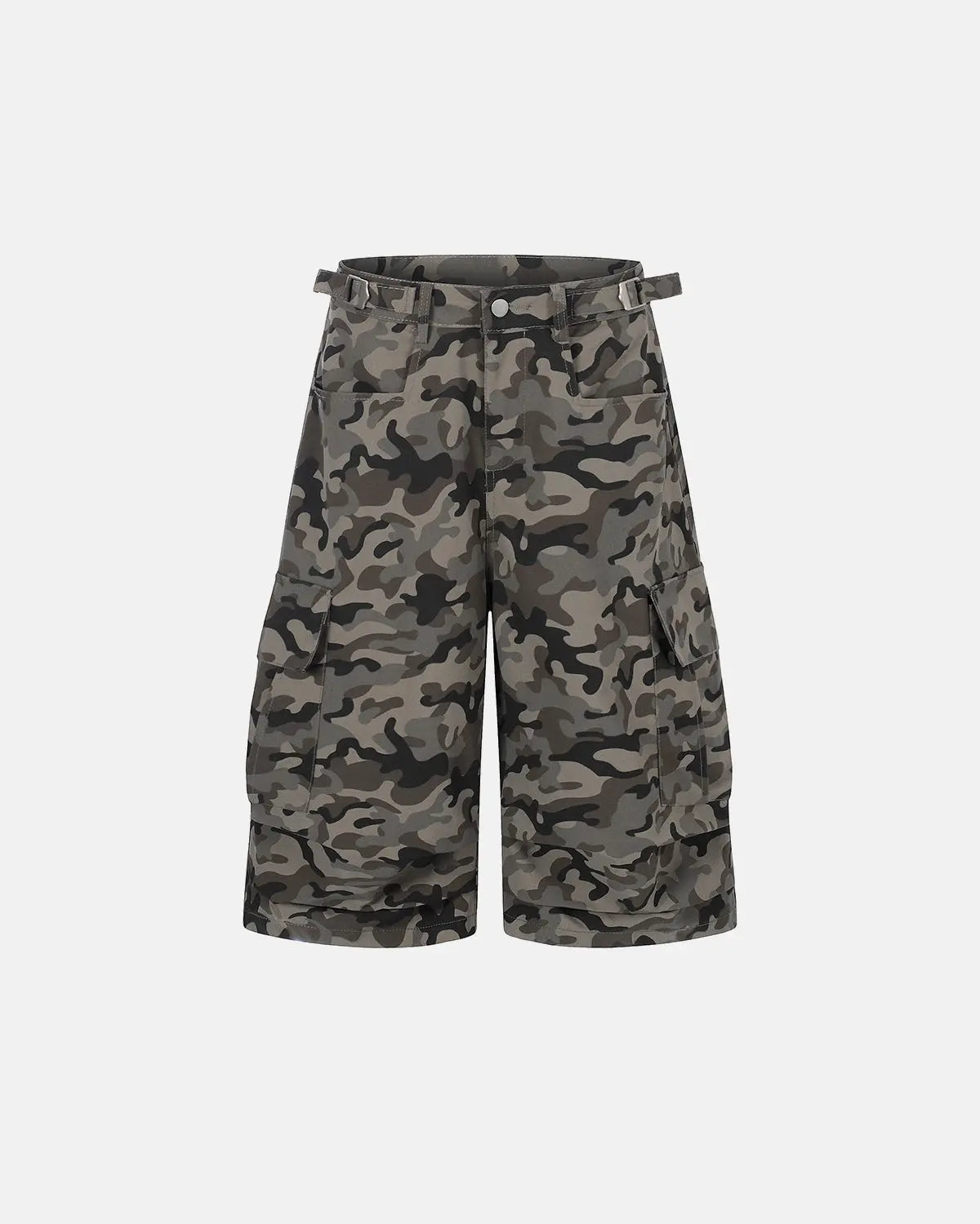 Inflation brand long camo streetwear shorts, stylish pants with camouflage pattern, casual urban fashion for streetwear style