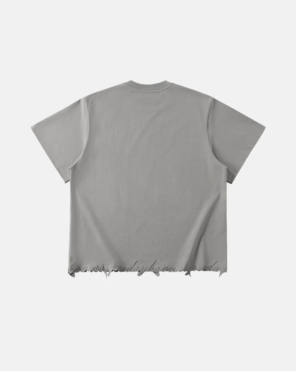 Inflation Streetwear oversized T-shirt with embroidered details and frayed hem, casual fit, in soft fabric, front view.