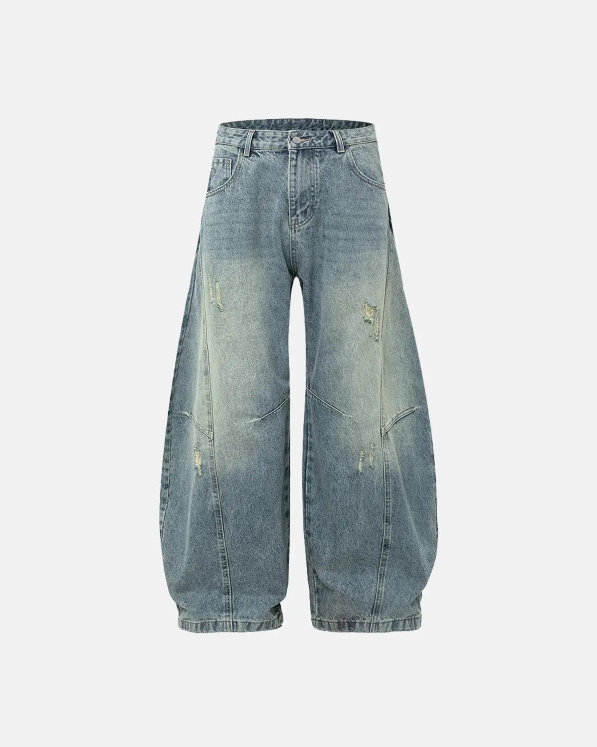 Acid washed distressed barrel jeans by INFLATION featuring a relaxed fit and frayed details on denim.