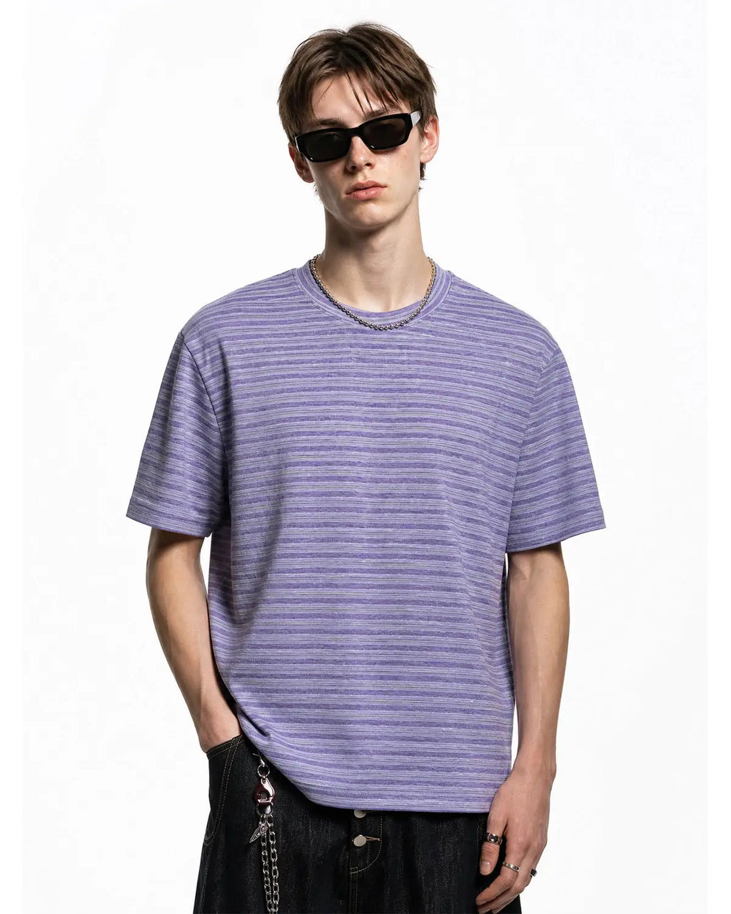 Inflation Streetwear retro striped boxy T-shirt in bold colors, featuring a relaxed fit and classic crew neckline.