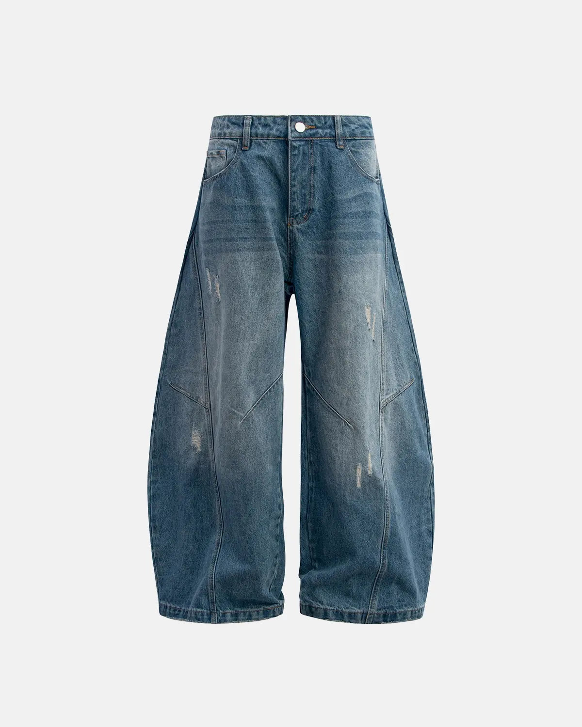 Distressed ripped baggy jeans by Inflation Streetwear, featuring a relaxed fit and torn details, displayed on a mannequin.