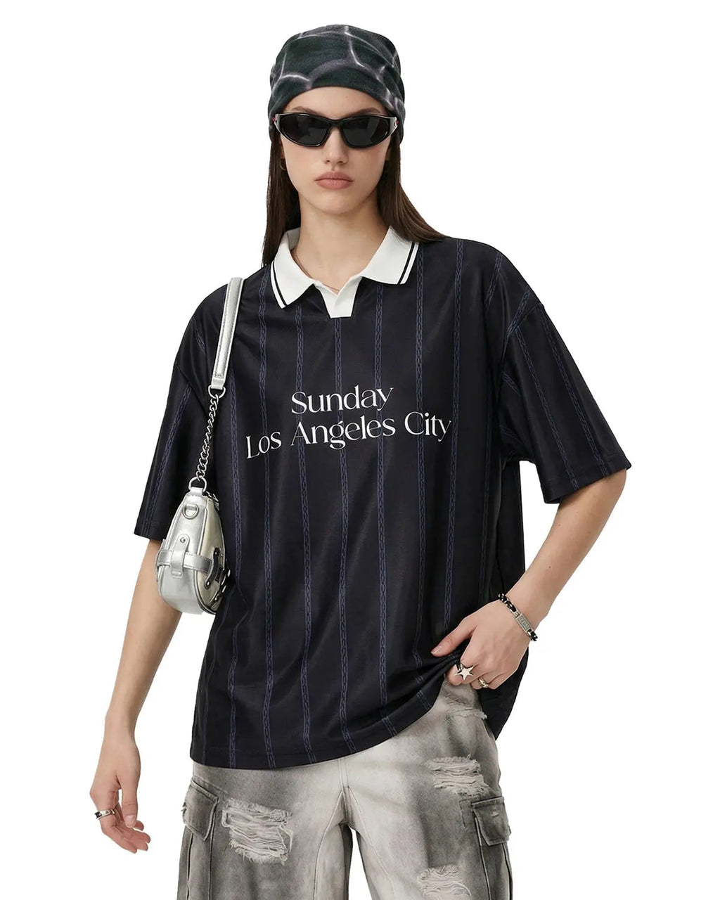 Vintage striped polo jersey by INFLATION featuring classic design and colorful stripes on soft fabric.