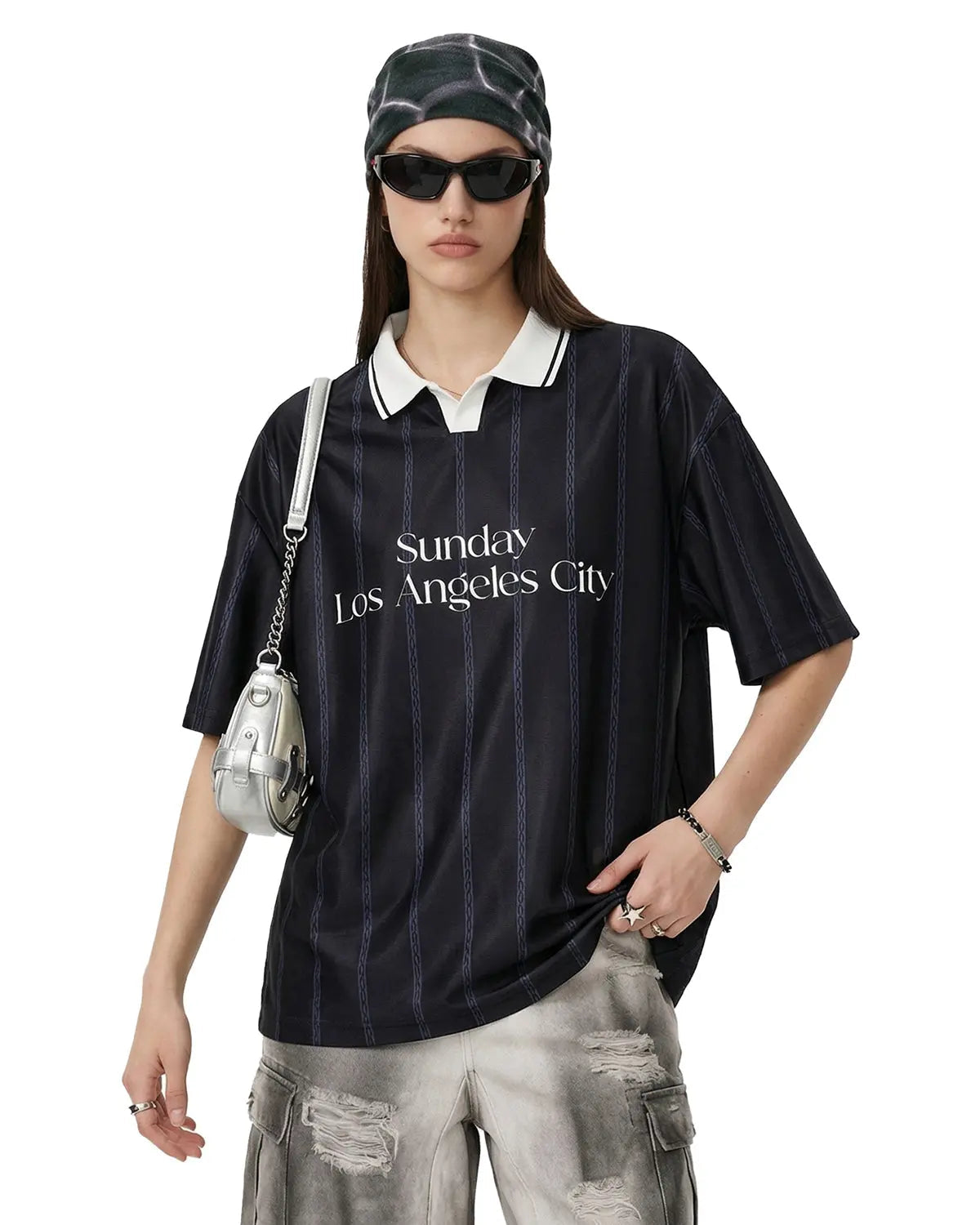 Vintage striped polo jersey by INFLATION featuring classic design and colorful stripes on soft fabric.