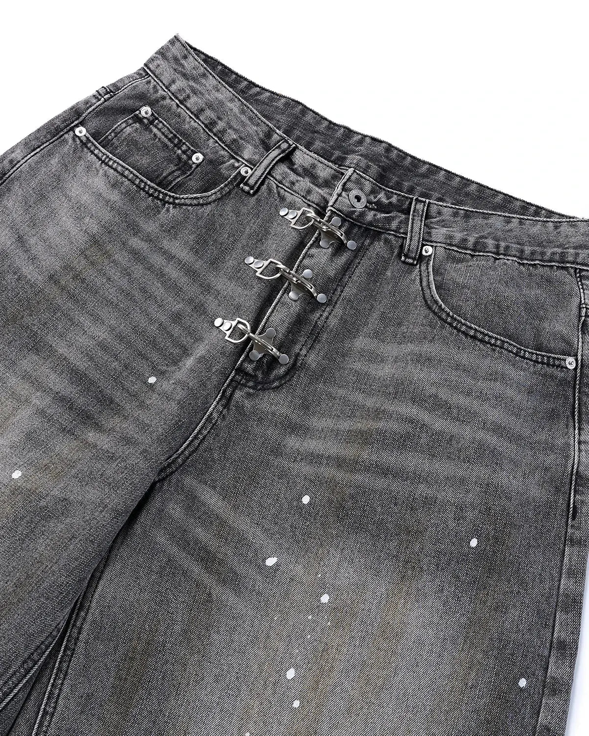 Inflation Streetwear metal clasp washed barrel jeans, casual pants with distressed denim and metal button details.