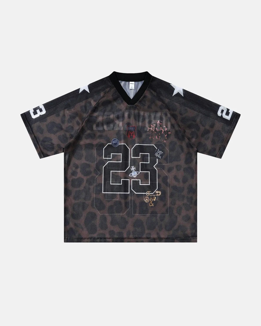 Number 23 Leopard Mesh Jersey by INFLATION featuring leopard print mesh fabric and streetwear style.