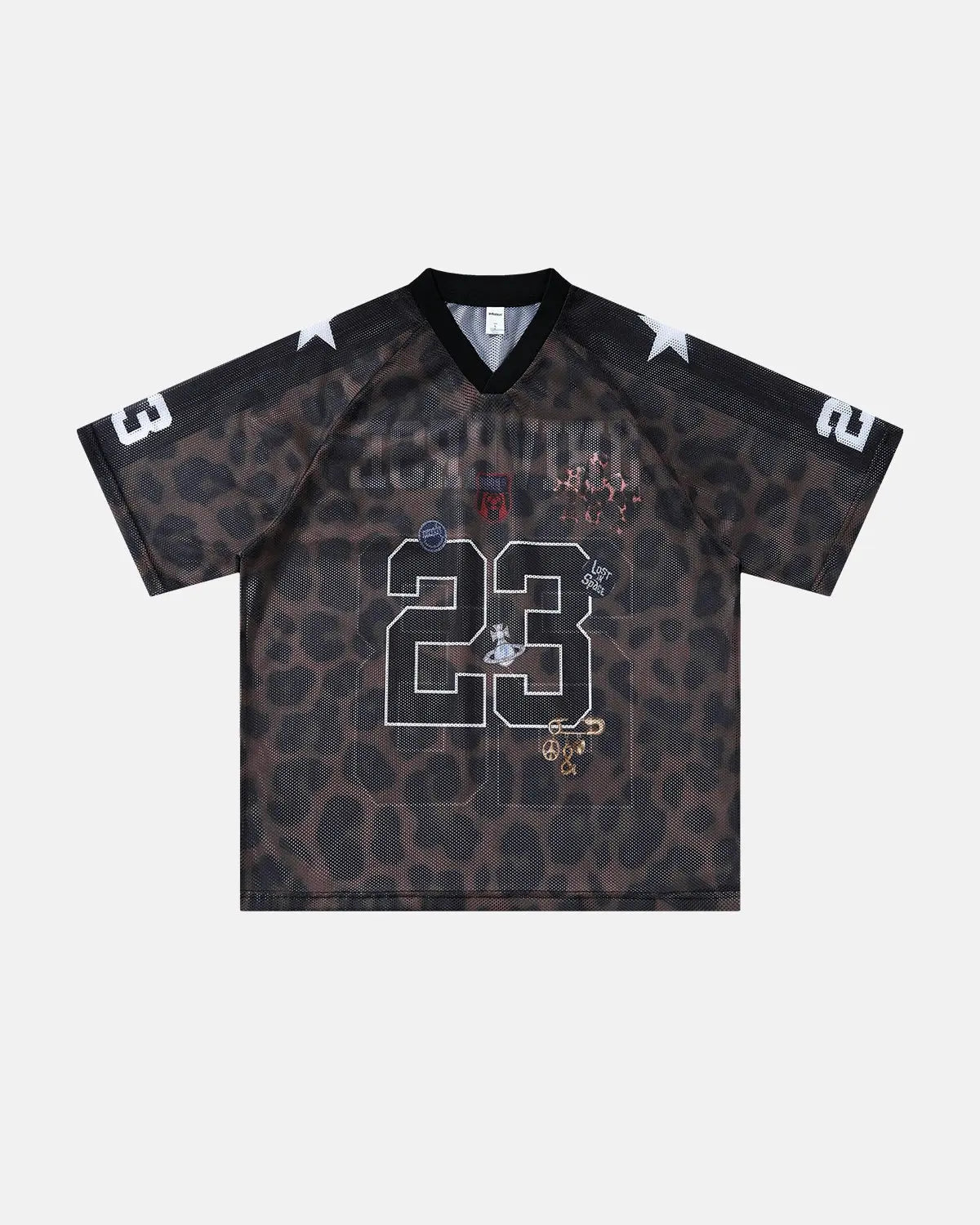 Number 23 Leopard Mesh Jersey by INFLATION featuring leopard print mesh fabric and streetwear style.