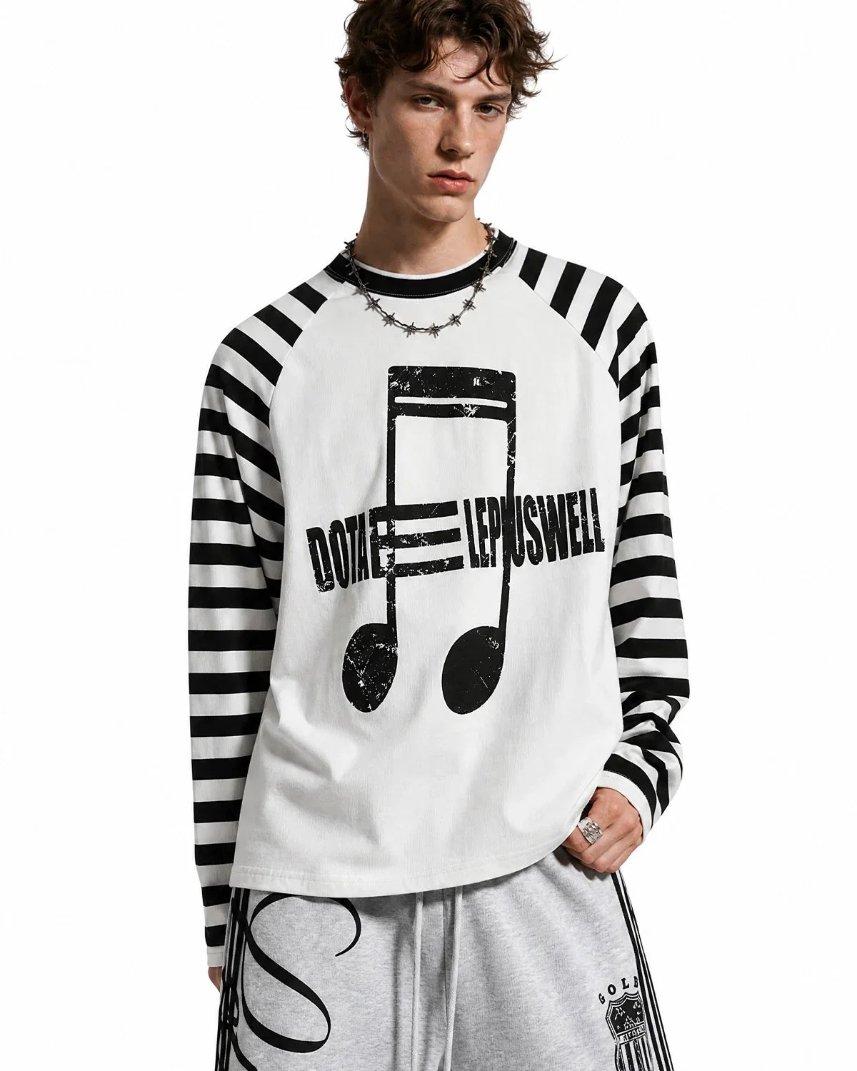 Inflation streetwear long sleeve T-shirt with music graphic and striped design, featuring a casual fit and comfortable fabric.
