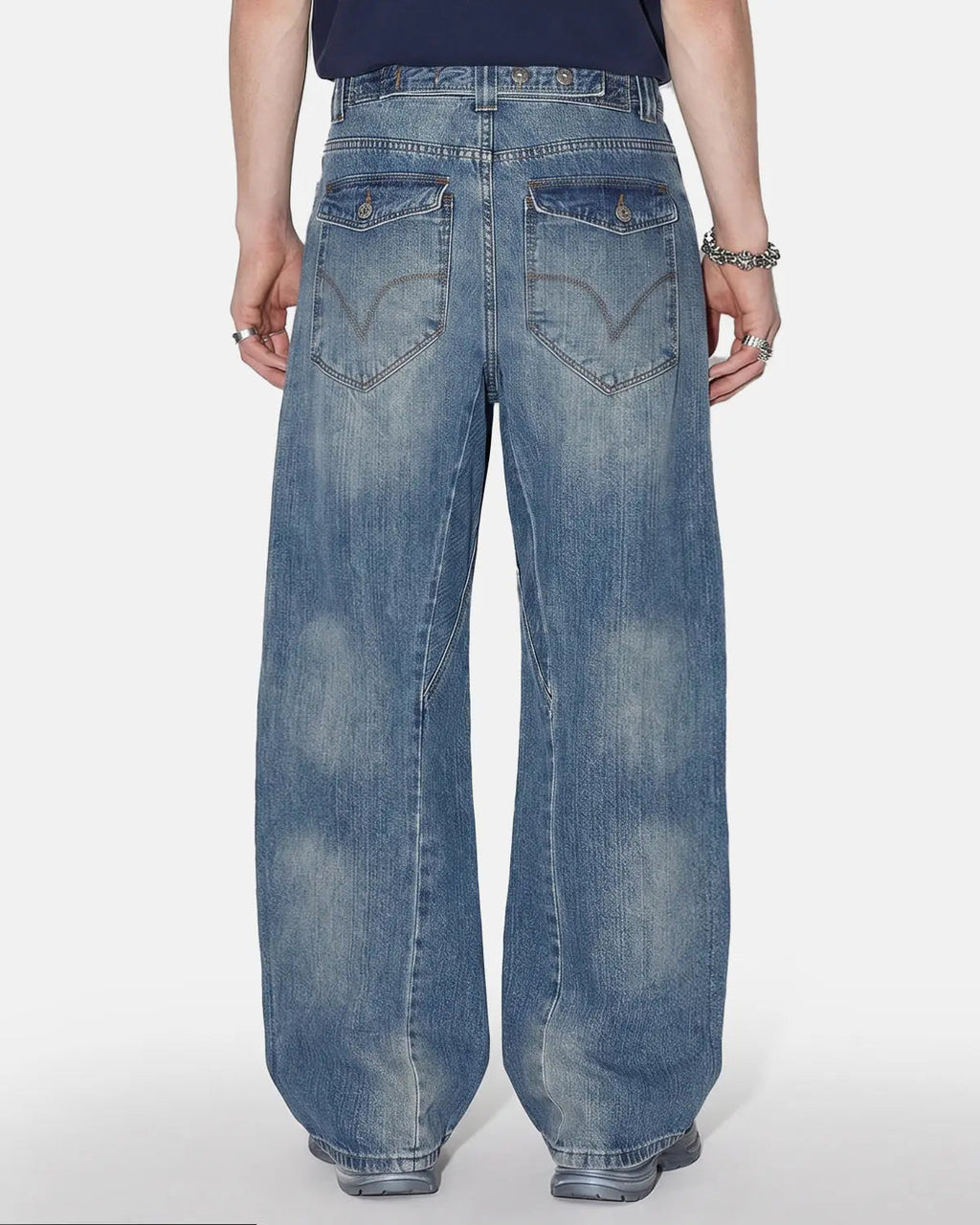 Bamboo weave cinch back baggy jeans by INFLATION featuring relaxed fit and stylish streetwear design.