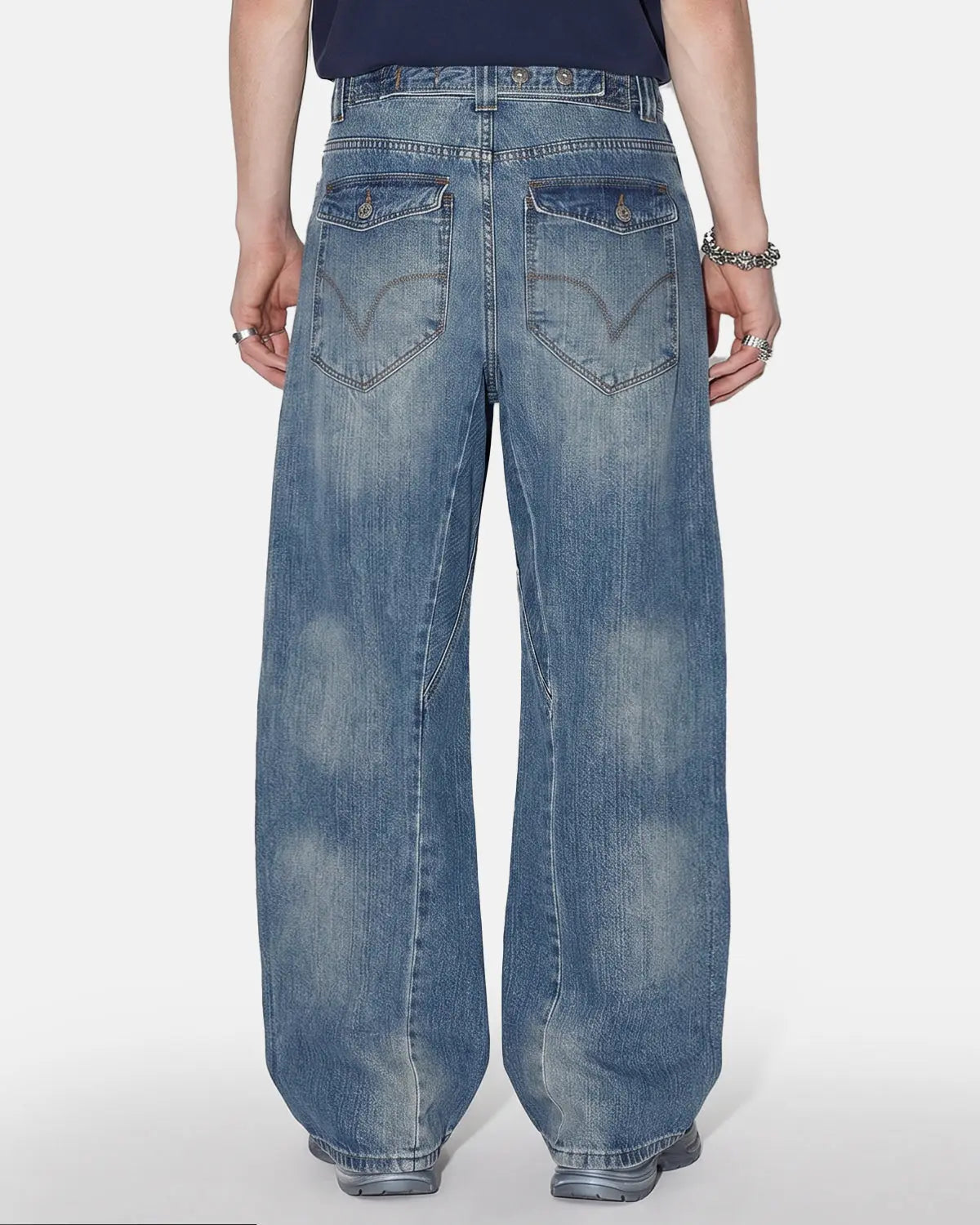 Bamboo weave cinch back baggy jeans by INFLATION featuring relaxed fit and stylish streetwear design.