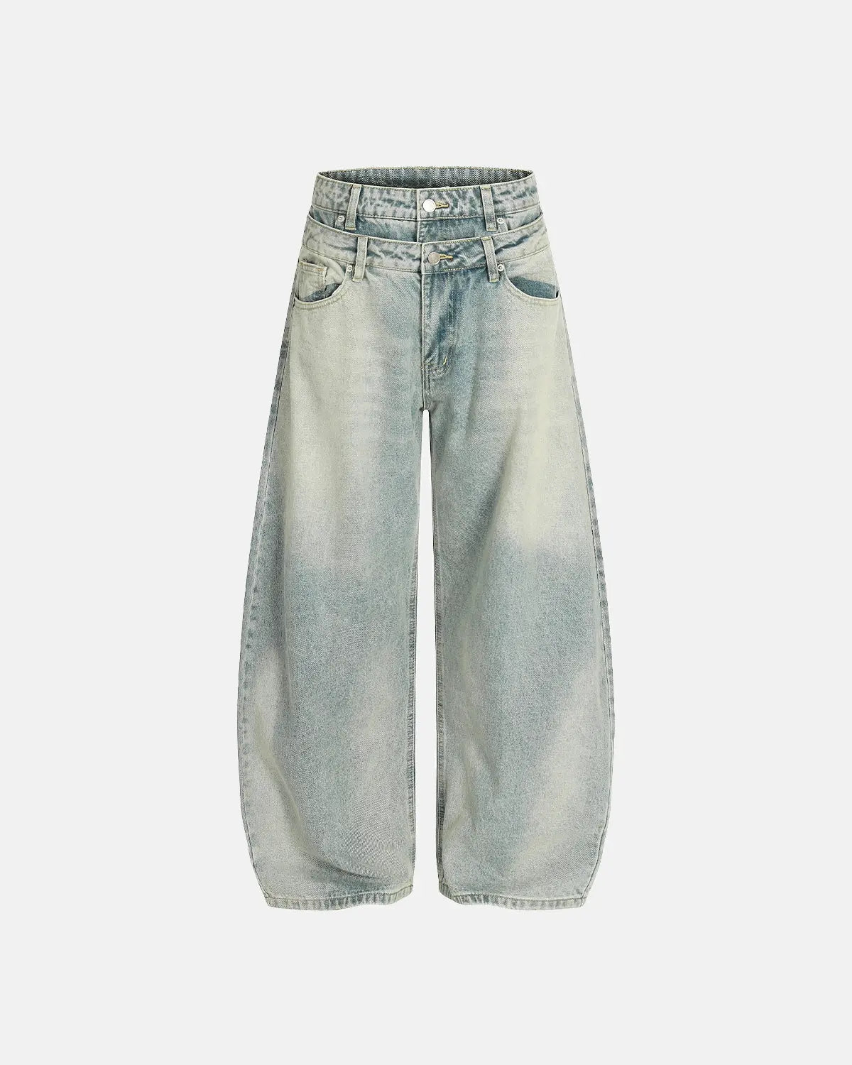 Inflation Double Waist Acid Washed Baggy Jeans with distressed details and relaxed fit, styled on a model for streetwear fashion.