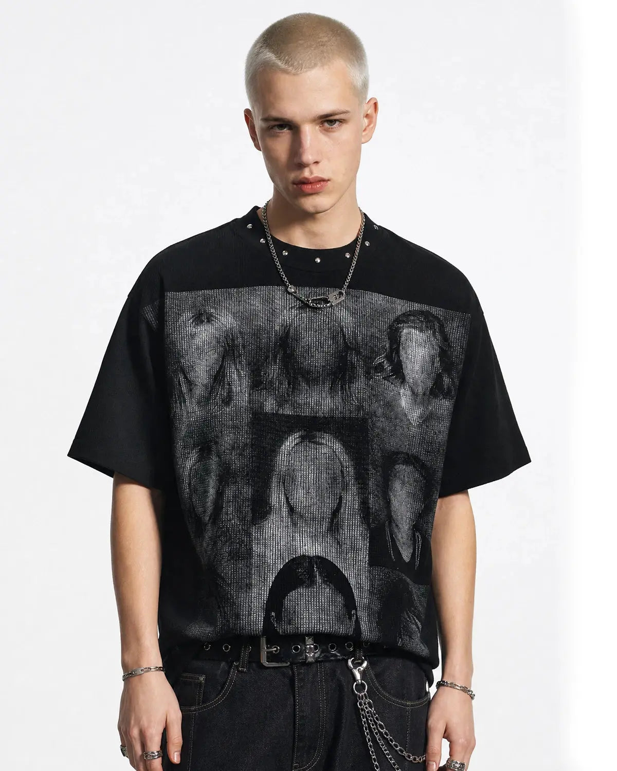 Inflation Streetwear Portrait Graphic Waffle Boxy T-Shirt, black, with bold portrait print and textured waffle fabric.