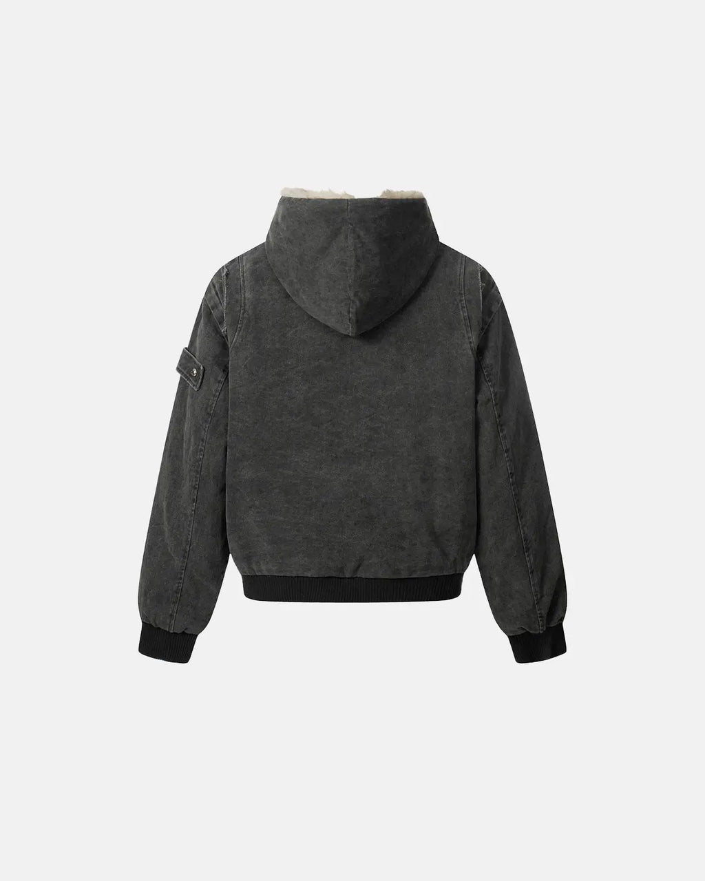 Inflation Streetwear faux fur lined washed hooded jacket with visible hood and textured fabric, stylish and warm for casual wear.