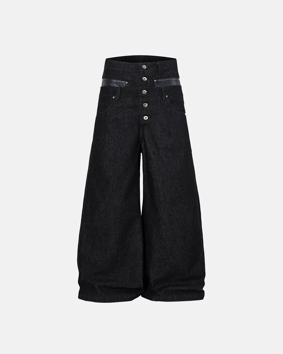 Inflation Double Waist Raw Super Baggy Jeans featuring distressed denim and oversized fit, styled with casual streetwear look.