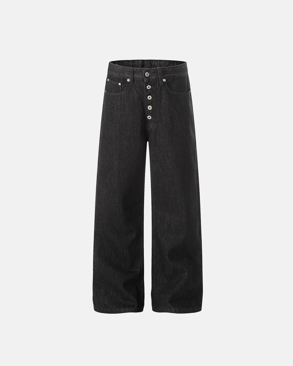 Raw Buttons Up Baggy Jeans by Inflation Streetwear featuring a relaxed fit, distressed details, and raw button accents.
