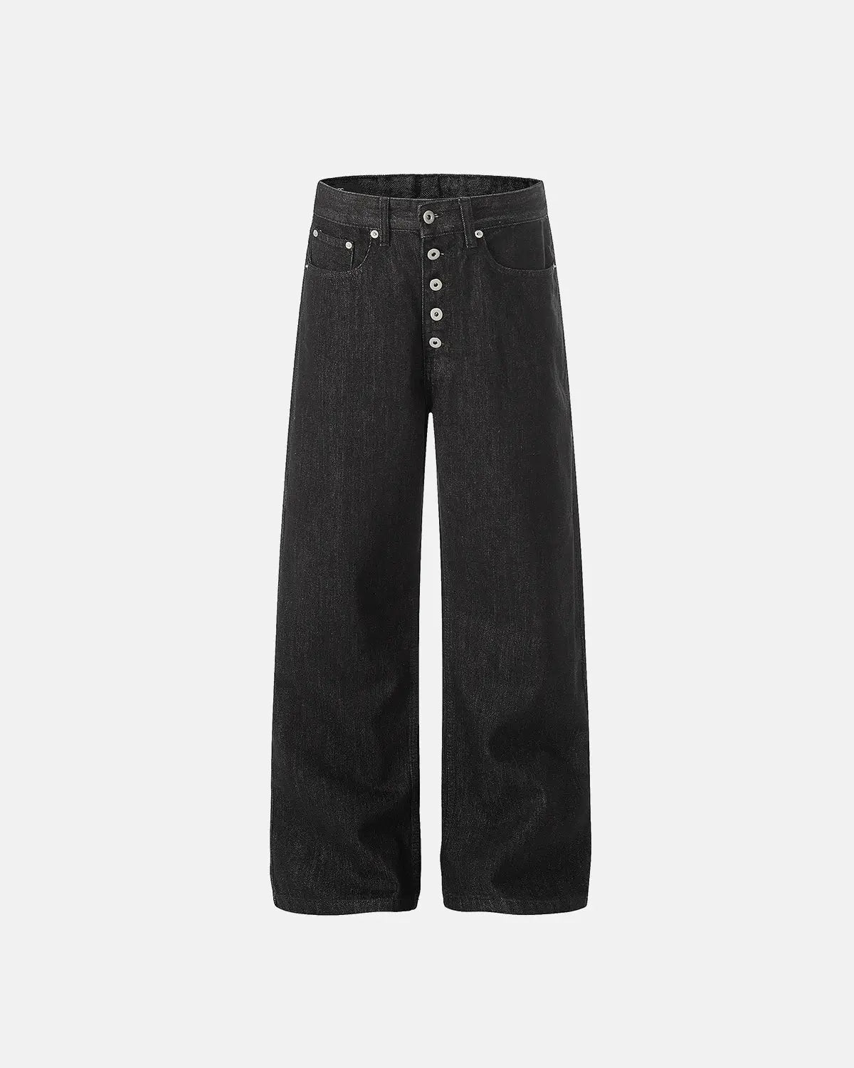 Raw Buttons Up Baggy Jeans by Inflation Streetwear featuring a relaxed fit, distressed details, and raw button accents.