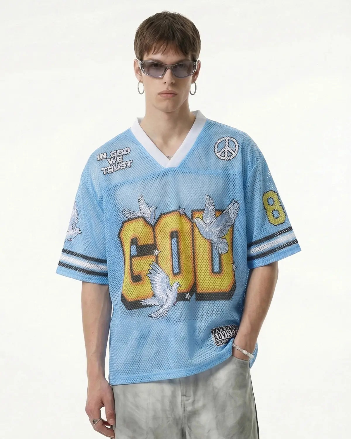 Dove Graphic Mesh Football Jersey by INFLATION, featuring a bold graphic design and breathable mesh fabric for streetwear style.