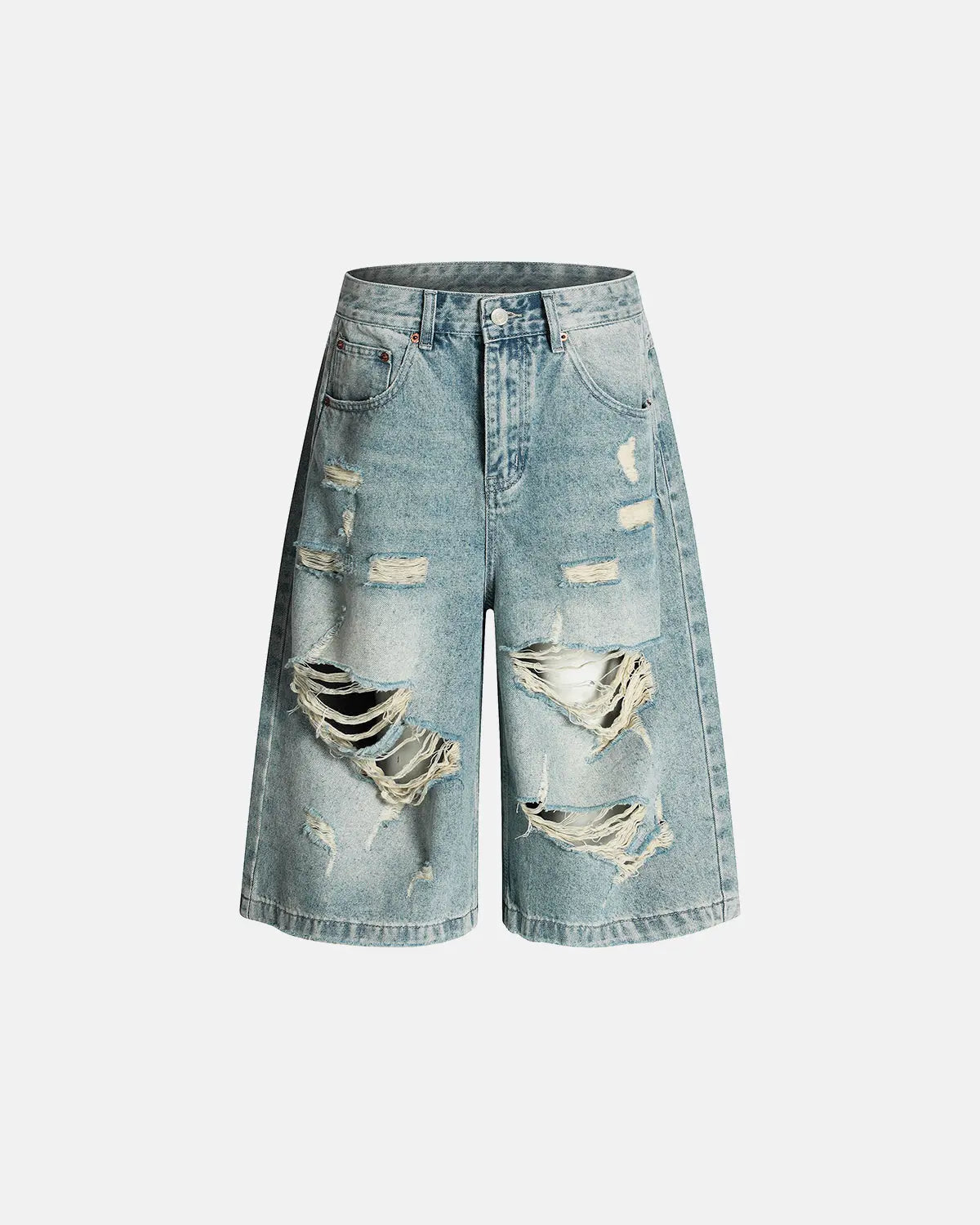 Distressed longline jorts from Inflation Streetwear, denim pants with frayed edges and a relaxed fit for casual style.