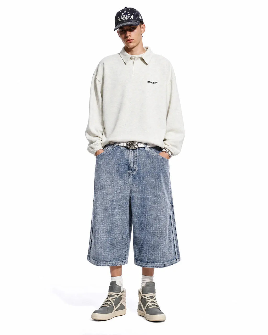 Inflation Streetwear Grid Texture Baggy Jorts with oversized fit and distressed denim, styled for casual streetwear fashion.