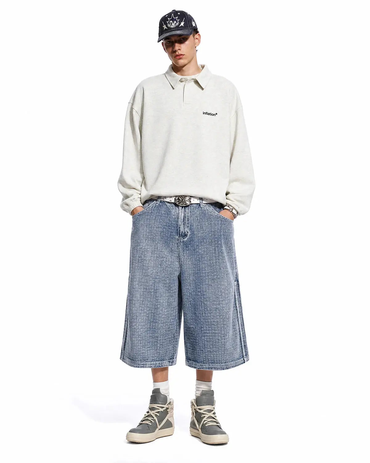 Inflation Streetwear Grid Texture Baggy Jorts with oversized fit and distressed denim, styled for casual streetwear fashion.