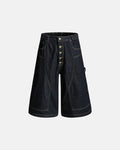 Deconstructed wide-leg longline jorts by INFLATION Streetwear featuring distressed denim and casual, relaxed fit.